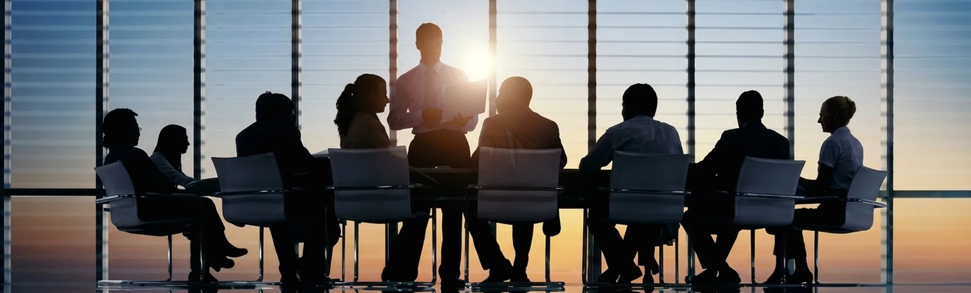 A board seated along a long table against a window at dusk, one director standing to present
