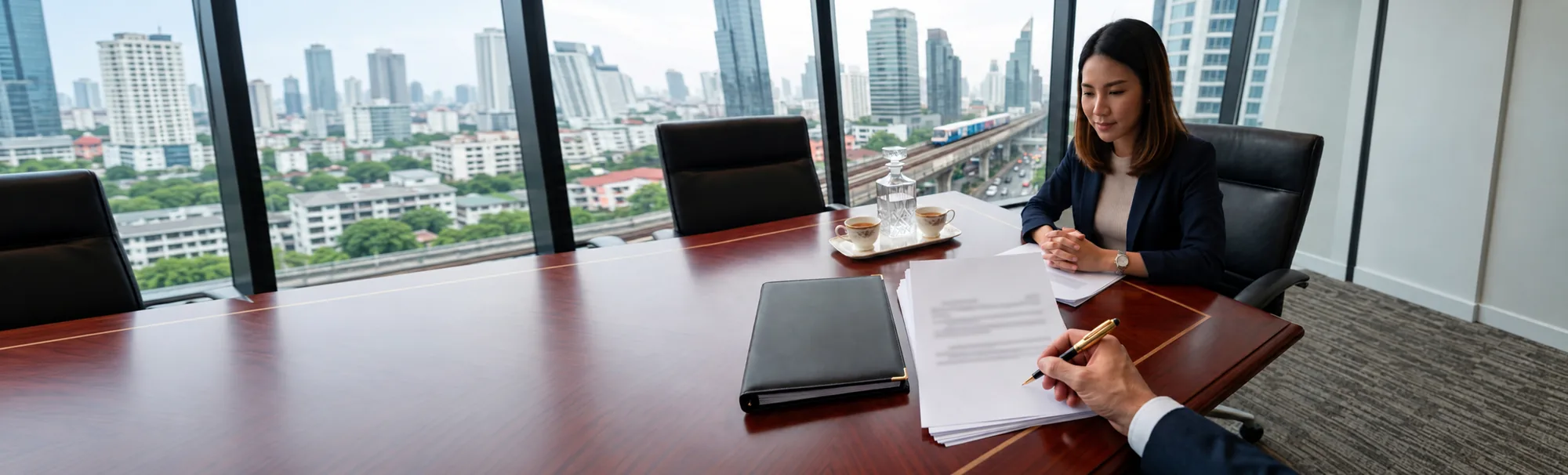 A woman at a boardroom table, with the BTS line and Bangkok office towers through the window