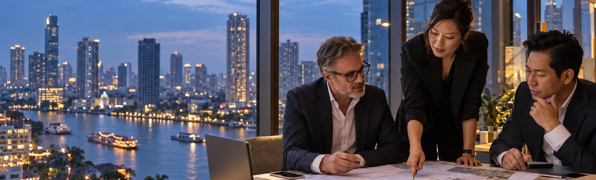 Three executives reviewing plans at a window above the Bangkok river skyline at dusk