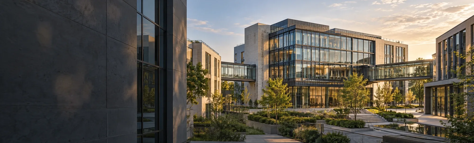 An office campus at golden hour, glass buildings joined by skybridges around a landscaped courtyard