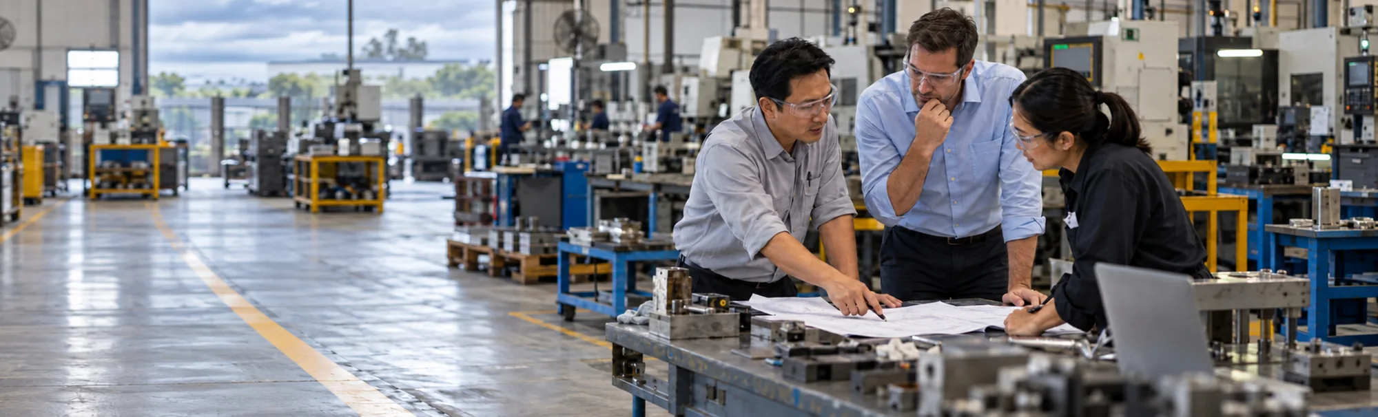 Three members of a factory team working through a problem together on the shop floor