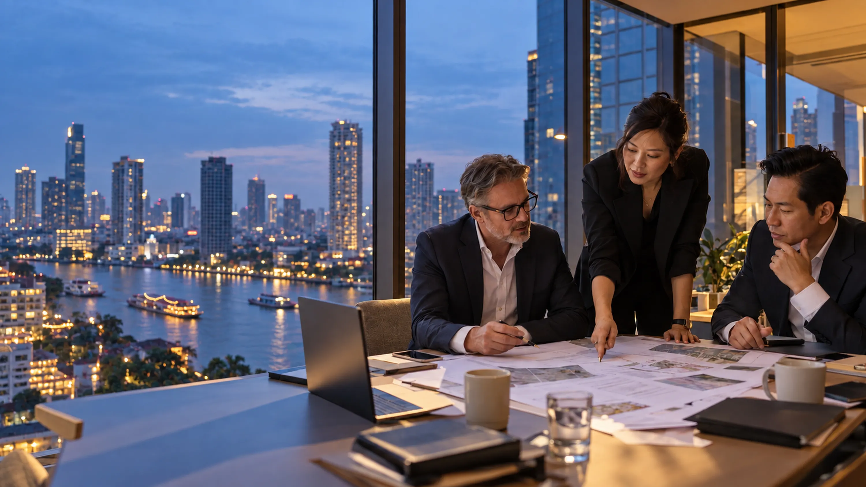 Three executives reviewing plans at a window above the Bangkok river skyline at dusk
