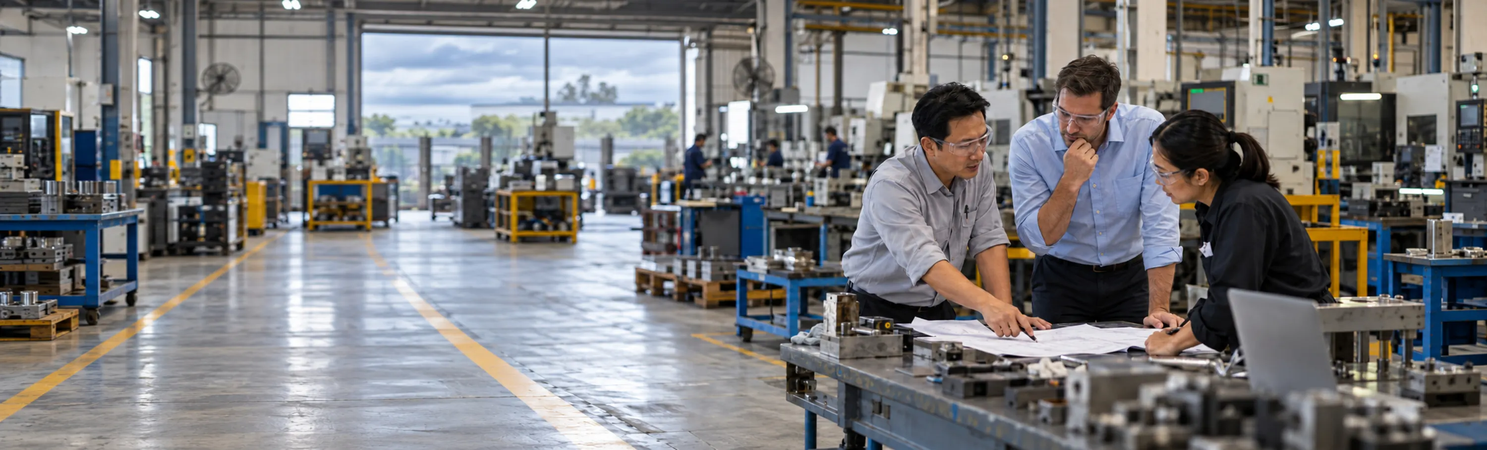 Three members of a factory team working through a problem together on the shop floor