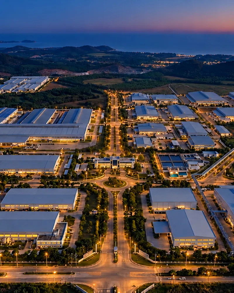 Aerial view of an industrial estate, factory roofs lined with solar panels either side of a central road, with hills behind
