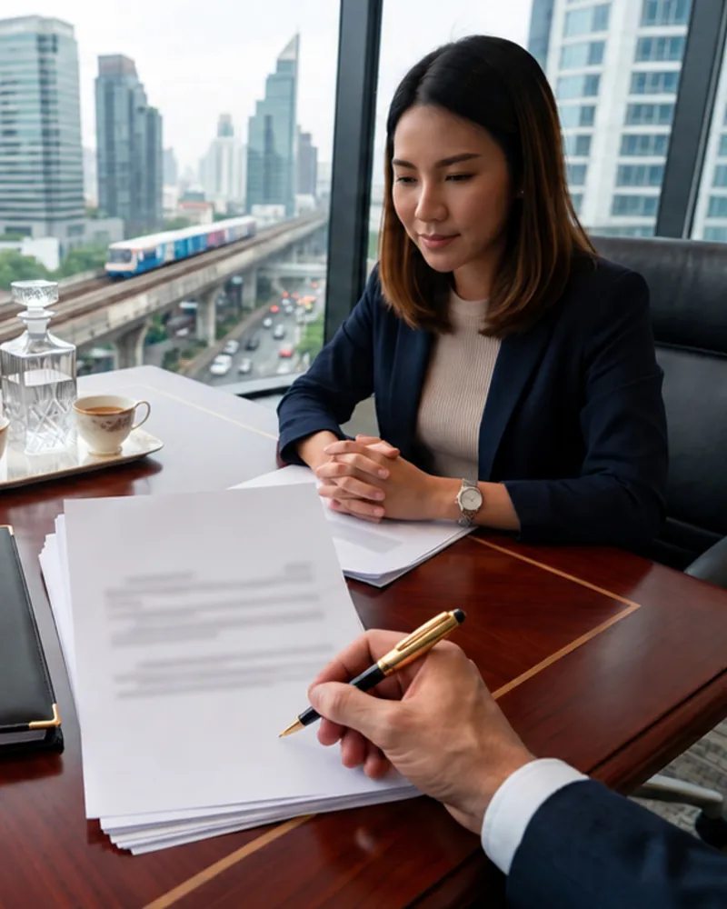 A woman at a boardroom table, with the BTS line and Bangkok office towers through the window