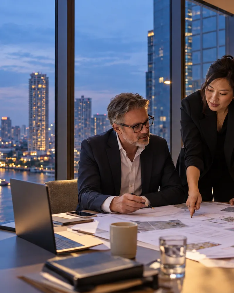 Two executives reviewing plans at a window above the Bangkok skyline