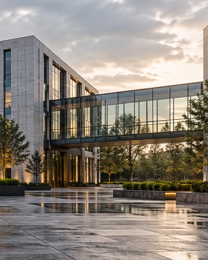An office campus at golden hour, glass buildings joined by skybridges around a landscaped courtyard