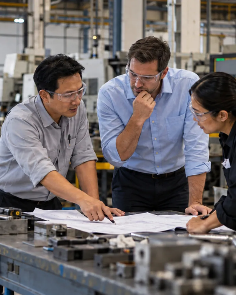 Three members of a factory team working through a problem together on the shop floor